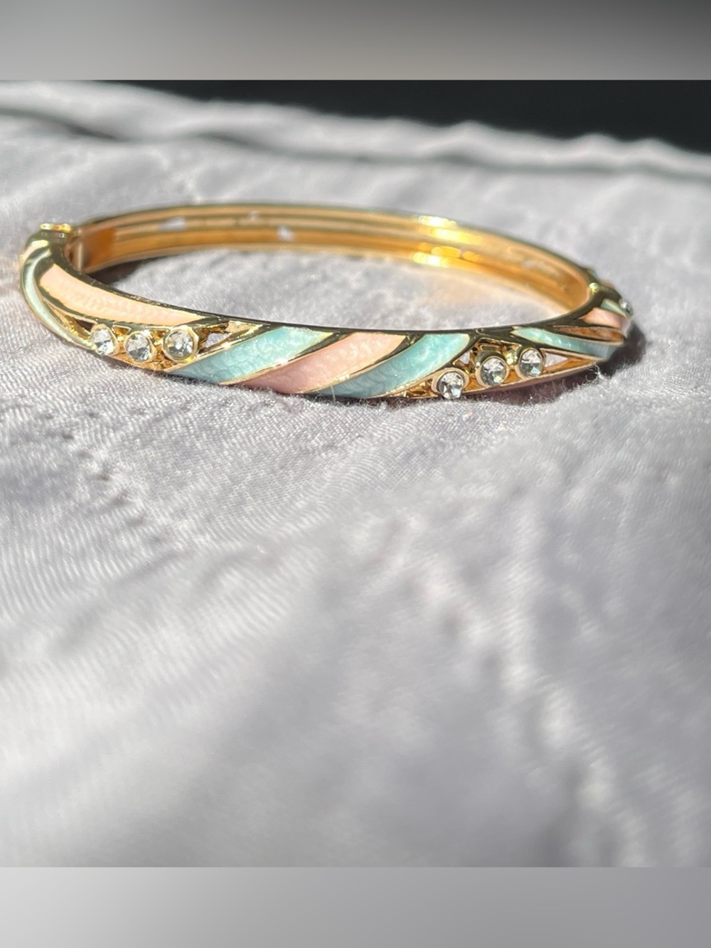 Gold Plated Pastel Enamel Bangle Bracelet with Clear Crystals